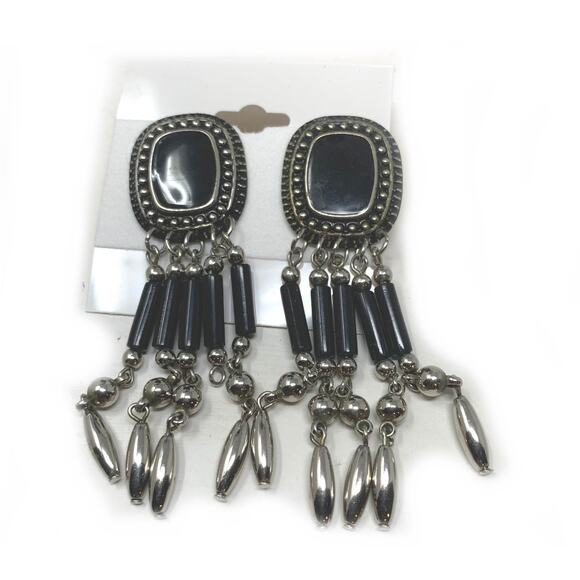 Vintage 1980's Silver Tone Black Enamel Pierced Dangle Earrings Bohemian Tribal - Picture 5 of 5